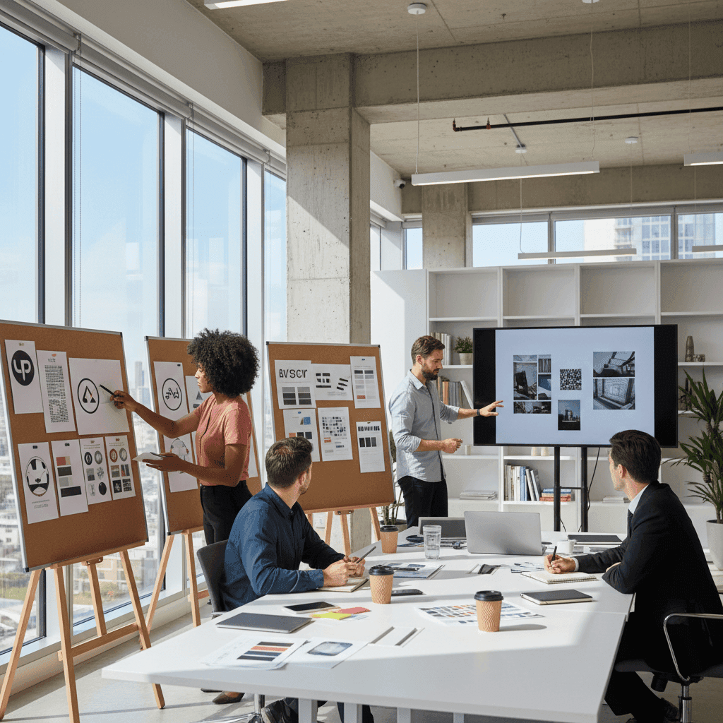 Creative marketing agency workspace with team collaborating on brand strategy